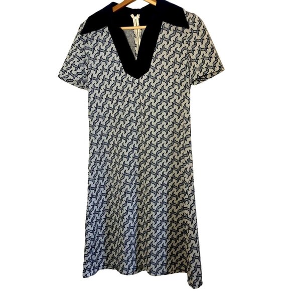 Homemade Dresses & Skirts - Vintage 1960s Homemade Dress Blue White Short Sleeve Collared V Neck Rockabilly